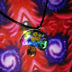 Gold bezel mushroom infused with reiki healing and crystals and 4 leaf clover